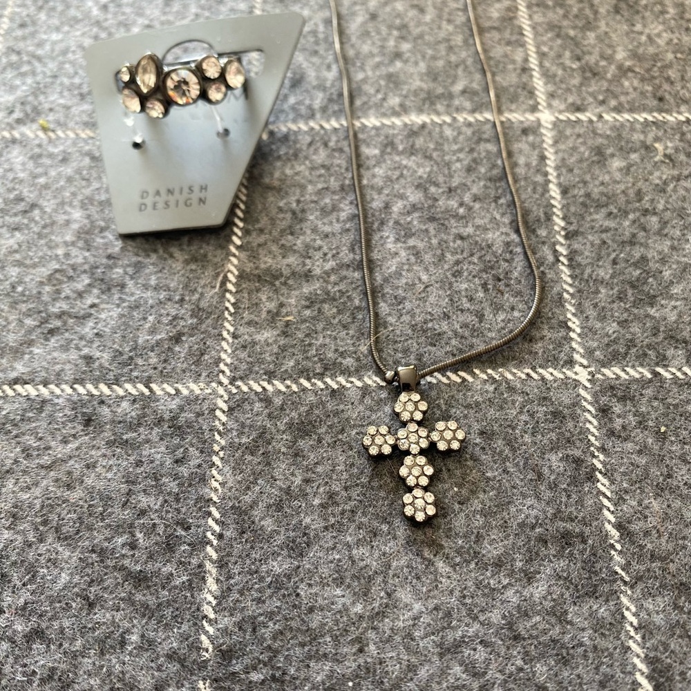 Rhinestone  Cross Necklace and Ring Set by Danish brand Pilgrim